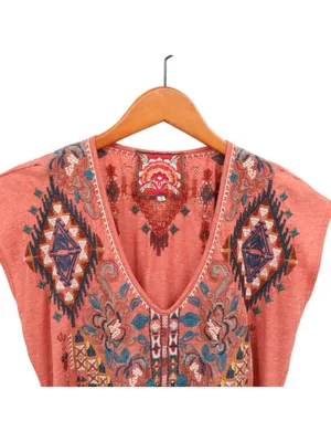 Johnny Was Embroidered Terracotta Cap Sleeve V-Neck Tee Shirt Top S thumbnail 3
