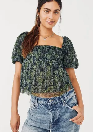 Free People Penelope Mesh Abstract Top Flutter Sleeve Flowy Cottagecore Sz Small thumbnail 1