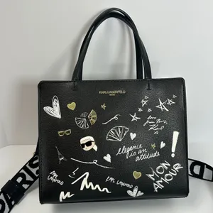 Karl Lagerfeld Paris Black Leather Graffiti Tote Bag‎ Crossbody Strap thumbnail 2