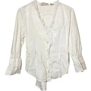 Scully Button Up Shirt Bell Sleeve Lace Trim Collarless Cinch Back White Medium thumbnail 2