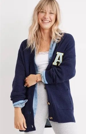 Aerie Varsity Navy Blue Oversized Knit Chunky‎ Cardigan Sweater Women’s Size S thumbnail 1
