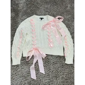 Women’s Ivory Chunky Cable Knit Sweater Pink Ribbon Bow Oversized Himekaji L thumbnail 3