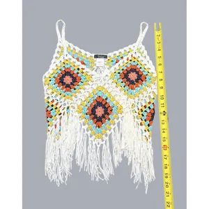 Vivid Granny Square‎ Crochet Fringe Crop Top Multicolor Boho Festival thumbnail 4