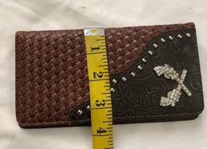 Unique Western boho Brown black woven leather wallet silver studs thumbnail 6