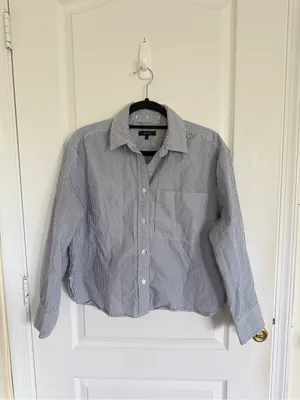 Quince Organic Cotton Poplin Cropped Long Sleeve in Light Blue Stripe thumbnail 4