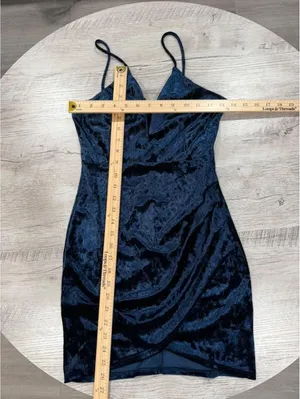 Windsor Navy Blue Velvet Bodycon Dress Ruched Wrap Mini Spaghetti Strap Deep V Cocktail thumbnail 7