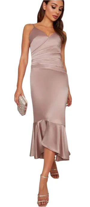 Chi Chi Minka Satin Slip Dress Long Bias Cut Blush Champagne Color Uk 14 thumbnail 1