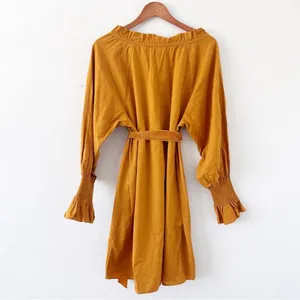 DOEN Miro Golden Hour Mustard Smocked Neck Waist Tie Boho Cottagecore Mini Dress thumbnail 9