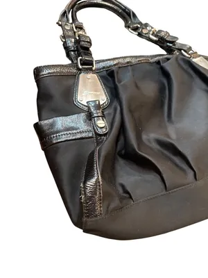 B Makowsky wms Vtg black leather canvas silver hobo shoulder handbag SKU 10537 thumbnail 2