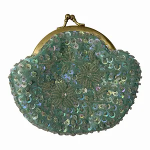 Coin purse bag Gold Kiss lock opening Satin Mint Green Sequins Vintage Fancy thumbnail 1