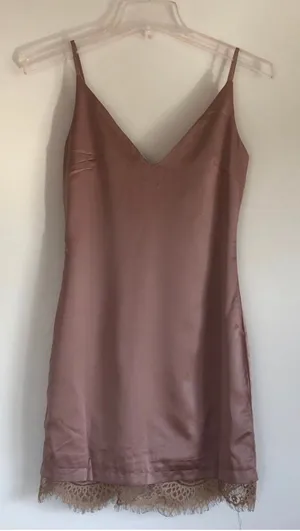 XS Brown Satin Slip Dress With Lace Trimming thumbnail 1