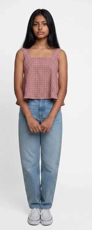 Torio Mauve Pink Grid Check Square Neck Tank Top Sleeveless A Line S Casual Boho thumbnail 1