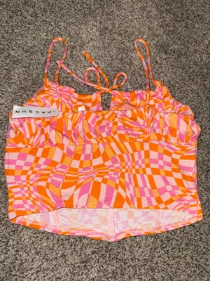 PacSun Pink and Orange Checkered Print Corset-Style Crop Tank Top thumbnail 2