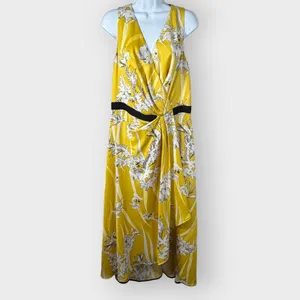 Coast Larrison Printed Satin Faux Wrap Midi Dress Yellow Floral 12 Wedding Guest thumbnail 2