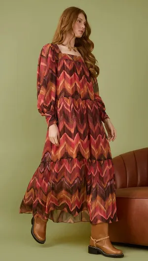 Women's Rust Chevron Tiered Maxi Dress Brown Size L thumbnail 1