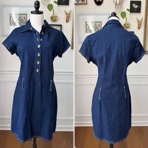 Vintage 90s G Dresses Stretchy Denim Half Button Drop Waist Dress L XL 14 thumbnail 2