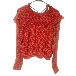FREE‎ PEOPLE Size Large Roma Floral Smocked Top Ruffle Sheer Balloon Sleeve Top thumbnail 3