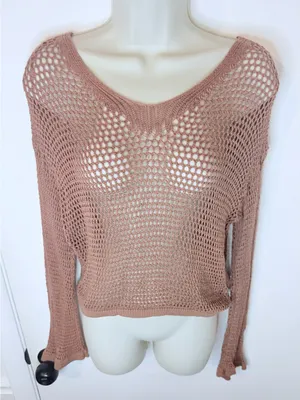 Happily Grey Open Knit Sweater Dusty Rose Mesh Crochet Size L Long Sleeve thumbnail 5