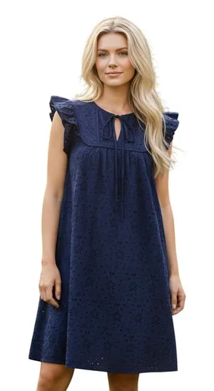 J.Crew Eyelet Shift Dress‎ Womens Size 16 Navy Blue Excellent Ruffle Tie-Neck thumbnail 1