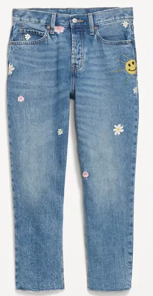 Old Navy High Waisted Button Fly Slouchy Straight with Floral Embroidery Jeans thumbnail 1