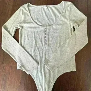 OPEN EDIT Henley Organic Cotton Blend Bodysuit color grey size L thumbnail 5