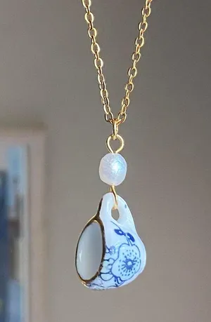 Handmade porcelain tea cup & freshwater pearl unique fun fairy antique style necklace🫖🍃🌀 thumbnail 10