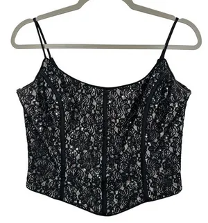 Jessica McClintock Gunne Sax Black Lace Sequin‎ Corset Top Strappy Evening Glam thumbnail 1