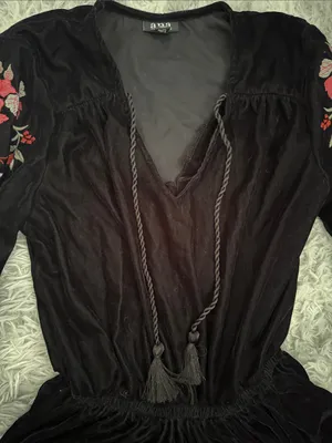 a.n.a Black Velvet Long Sleeve Dress with Pink Floral Embroidery (XS) thumbnail 3