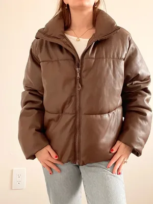 Old Navy Chocolate Brown Faux Leather Puffer Jacket thumbnail 2
