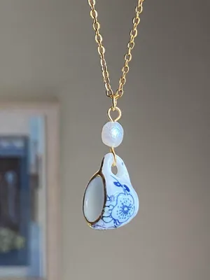 Handmade porcelain tea cup & freshwater pearl unique fun fairy antique style necklace🫖🍃🌀 thumbnail 1