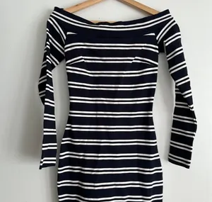 Bec & Bridge Striped Off The Shoulder Bodycon Dress Navy and White thumbnail 3