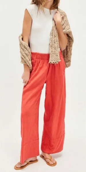 NWOT Free People Day's End Linen Pull-On Pants - poppy red coral - Medium thumbnail 1