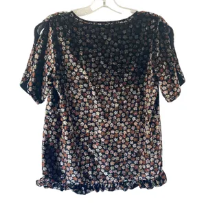 Madewell Velvet Split Sleeve Ruffle Hem‎ Floral Top Black Brown K2795 XS thumbnail 8