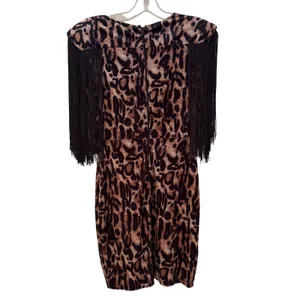 Symphony Animal Print Fringe Bodycon Mini Dress Women's Small Brown‎ Black Retro thumbnail 7