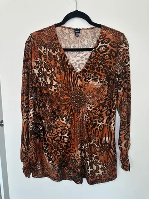 Rafaella V-Neck Blouse Size M Brown Animal Print Beaded Center thumbnail 1