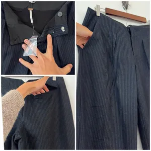 Free People Pinstripe Wide Leg Trousers 6 Navy Blue Low Rise Career Wool Blend thumbnail 6