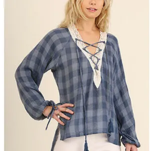 Anthropologie Umgee plaid tassel tie vneck lace blue checkered country Top Sz M thumbnail 1