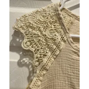 SHEIN Frenchy Beige Cotton Gauze Crochet‎ Lace Flutter Sleeve Boho Top XS NEW thumbnail 2