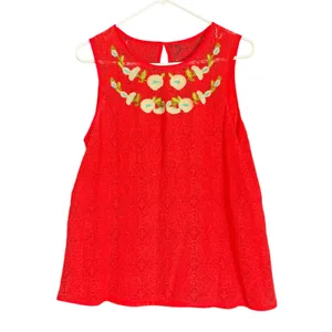 Entro Womens SIze Large Red Lace Tank Top Embroidered Floral Neck Keyhole Boho thumbnail 2