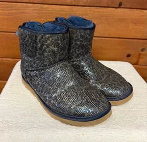 UGG Mini Bailey Bow Glitter/Sparkle boots leopard print blue/gold Sz 6 thumbnail 1