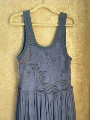 Free People Pearl Floral Maxi Dress Periwinkle Blue Cotton Crochet Knit Sz Small thumbnail 10