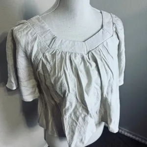 Boho Linen Blend Square Neck Blouse Peasant Beige Flutter Sleeve Top Cottagecore thumbnail 3