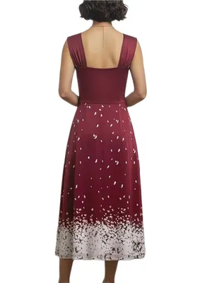 Women's Elegant Floral Print Sleeveless Waist-cinching Dress Burgundy Color thumbnail 4