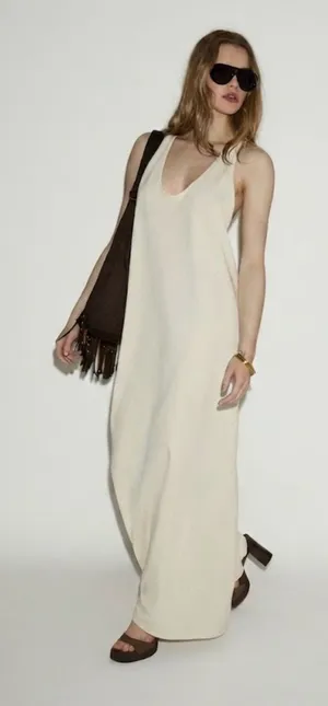 Title: NWT Zara Ecru White 100% Cotton Racerback Maxi Dress Size M thumbnail 1