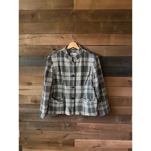 Vintage 90s Plaid Wool Blend Jacket Gray Black Cream Minimalist Coat thumbnail 6