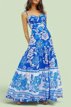 Farm Rio Blue Floral Spaghetti-Strap Maxi Dress thumbnail 1