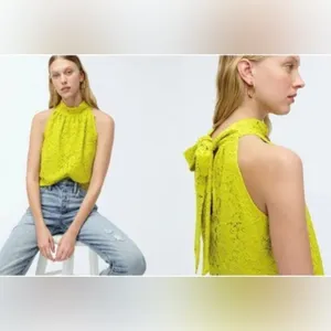 J. Crew Chartreuse Lace Halter Tie Neck Blouse Size S thumbnail 9