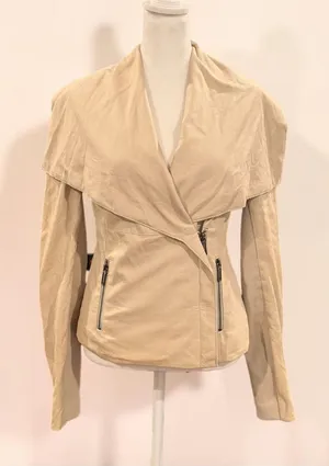 Vince Beige Leather Draped Moto Jacket Size Small thumbnail 1