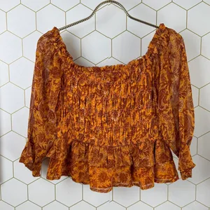 Patrons of Peace Crop Floral Smocked Ruffle Marigold Top - Size - Medium thumbnail 2