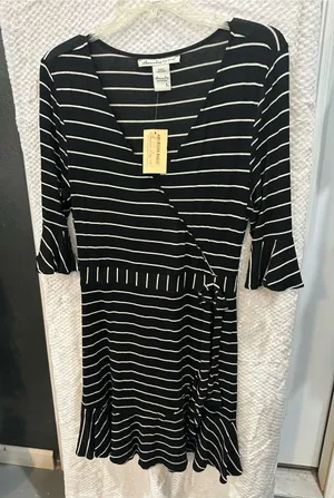 American Rag Black and White Striped Long Sleeve Wrap Dress large thumbnail 1